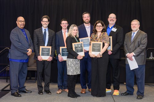 Recipients of Michigan State University's Community Engagement Scholarship Award pose for a picture during the 2025 University Outreach and Engagement Awards ceremony. From left to right: Kwesi Brookins, Michigan State University's Office of University Outreach and Engagement; Russell Faust, Oakland County Health Division; Swain Michael, Oakland County Health Division; Anna Mehrotra, Water Environment Federation; Andrew Kaye, CDM Smith; Irene Xagoraraki, Michigan State University's College of Engineering; John Norton, Great Lakes Water Authority; and Charles Hasemann, Michigan State University's Innovation Center.
