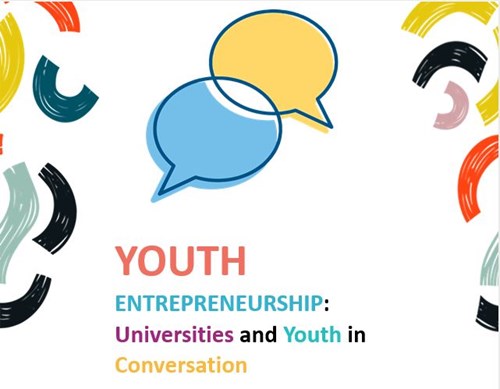 Image of colorful dialogue boxes and lines surrounding the event totle Youth Entrepreneurship: Universities and Youth in Conversation